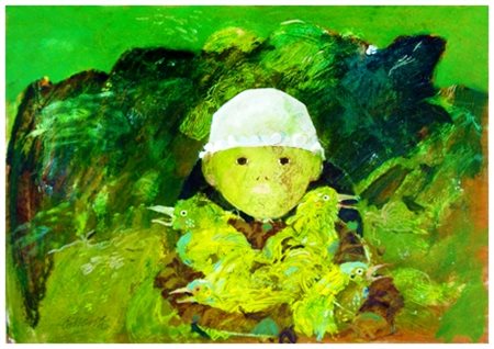 ANTONIO POSSENTI Lucca 1933 Bambino col nido Olio su faesite 35 x 50. Firma...