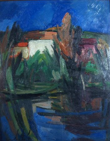 LAMBERTI LAMBERTO (Brescia 1925 - Brescia 2003) "Paesaggio" Olio su faesite...