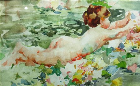 IROLLI VINCENZO (Napoli 1860 - Napoli 1949) "Bambino disteso" Acquerello su...