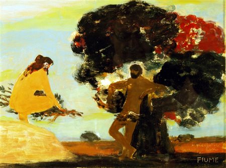 FIUME SALVATORE (Comiso 1915 - Canzo 1997) "I giochi di Eva" Olio su masonite...