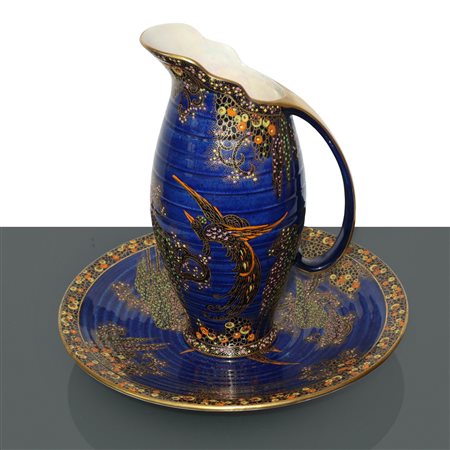 Crown  Devon - Versatoio con piattino in ceramica smaltata e dorata con fondo blu