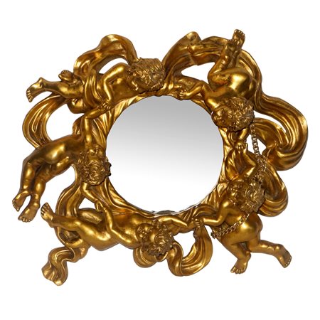 Specchiera tonda entro cornice dorata con putti danzanti