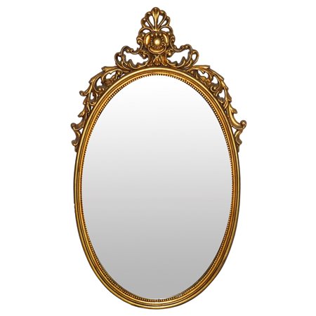 Specchiera ovale entro cornice dorata con decoro traforato sulla sommità