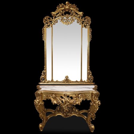 Console con specchiera nello stile barocco dorata a foglie 