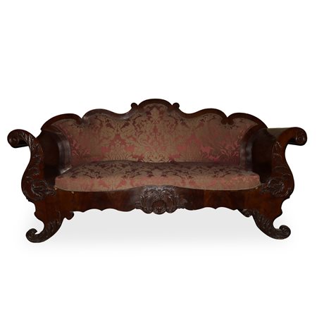 Divano con struttura in legno di mogano scatolato con tappezzeria bordeaux e dorata, Sicily 19° secolo