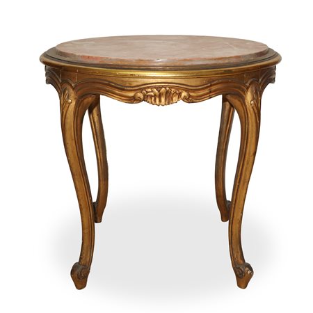 Tavolino basso in legno dorato con marmo rosso al piano