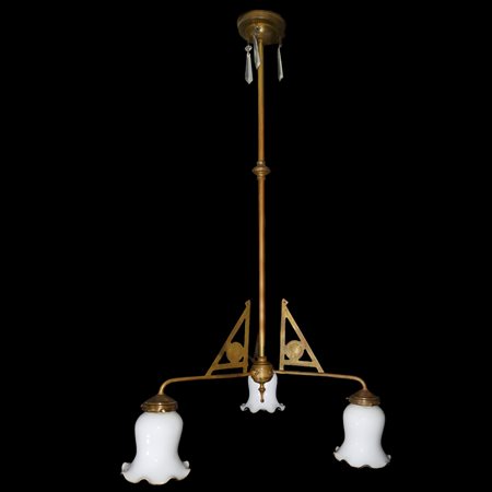 Lampadario 12 Decò a tre luci con vetri in opaline bianco a tulipano