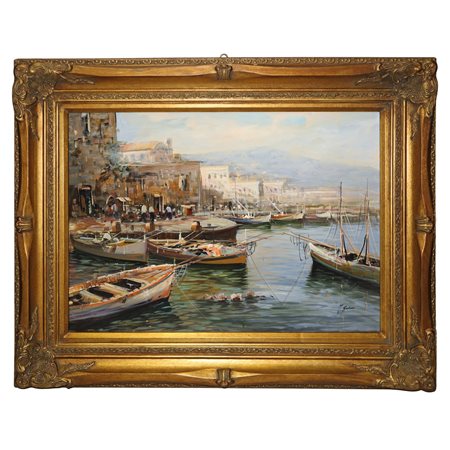 Andrea  Savino (1958)  - Marina con barche in porto