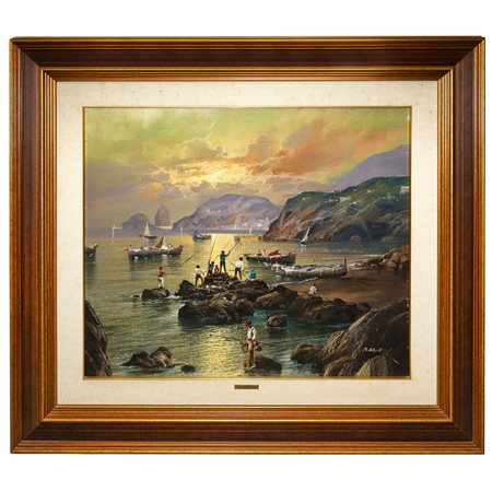 Mario Rosario Allegretti (Napoli 1945 - 2008)  - Dipinto con barche e pescatori