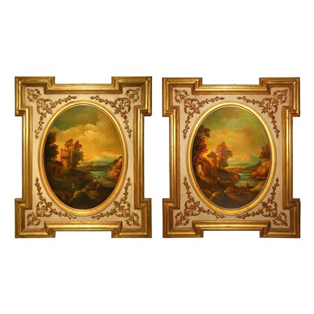 Corrado Risi (Svizzera 1932)  - Coppia di paesaggi entro cornice dorata