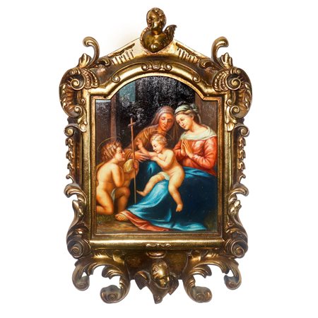 Madonna con Gesù Bambino, San Giovannino e Santa Elisabetta in cornice centinata dorata con decori e bustino alla sommità