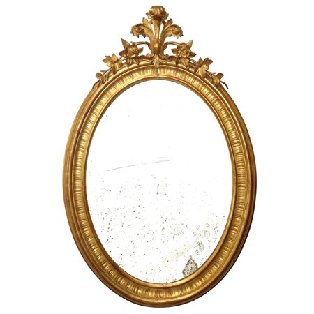 Specchiera con cornice ovale in legno dorato a foglia con cimasa e legno intagliato, Louis-Philippe 19° secolo