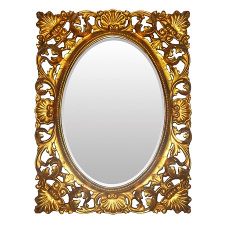 Specchiera ovale entro cornice rettangolare con decori traforati a conchiglia e foglie d'acanto
