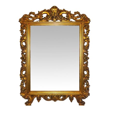 Specchiera rettangolare entro cornice dorata con decorazioni traforate con spirali d'acanto