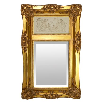 Specchiera entro cornice dorata con decori e bassorilievo neoclassico