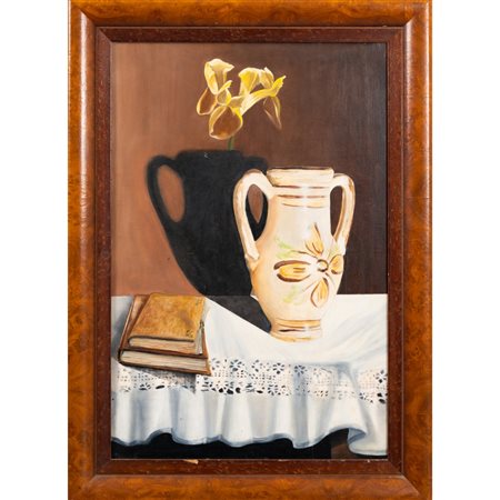 ANONIMO DEL XX SECOLO, Brocca e libri, Olio su tavola