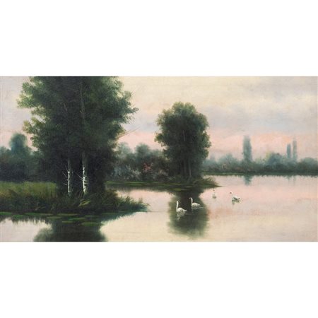 ANONIMO DEL XIX/XX SECOLO, Paesaggio lacustre, Olio su tela