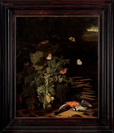Isaac Denies (1647 - 1690)  - Natura morta con farfalle e cardellini en plein air
