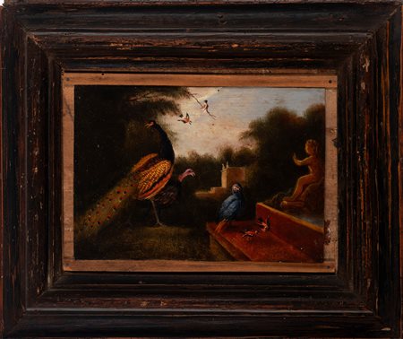 Scuola del secolo XVIII - Veduta di giardino con pavone e altri volatili