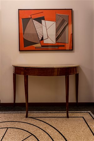 Console demi-lune lastronata con alte gambe mosse e piano in marmo bianco. Secolo XIX