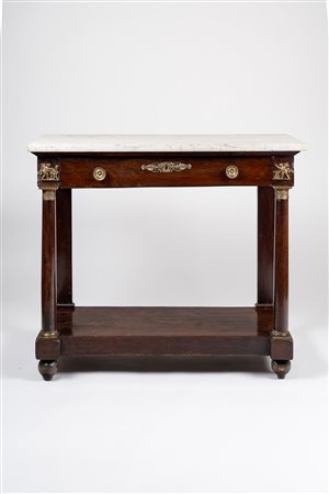 Piccola console Impero lastronata con piano in marmo bianco. Secolo XIX