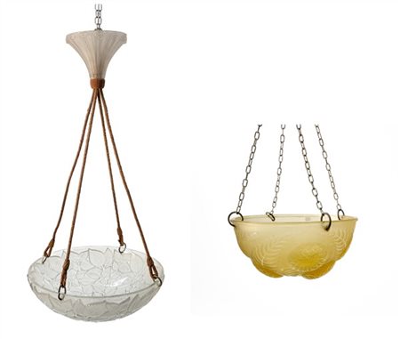 Lalique Due lampade a cesendello in vetro soffiato in stampo, una gialla traspar