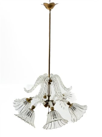 Barovier e Toso Lampadario a sei bracci in vetro soffiato cristallo e ottone. Mu