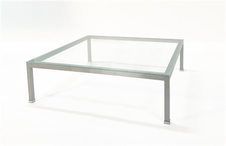 Tavolino di forma quadrata in metallo verniciato grigio con piano in vetro acid