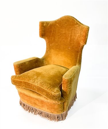 Poltrona bergère con fusto in legno, gambe troncoconiche e rivestimento in vell