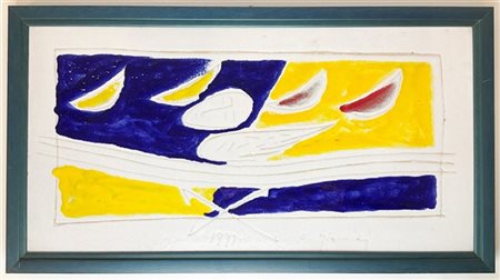 Pannello in ceramica smaltato in blu, giallo e rosso su fondo bianco sotto vetr