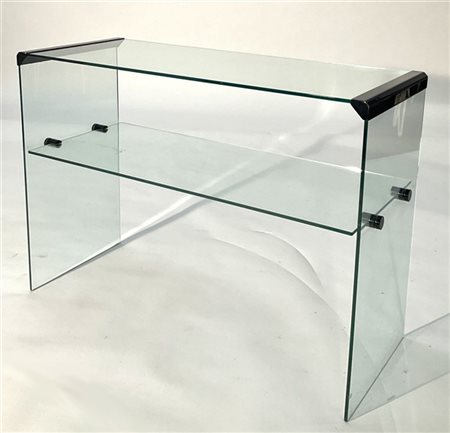 Gallotti e Radice Console in vetro a due ripiani con elementi in metallo vernici