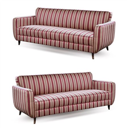 Coppia di divani Novecento con fusto in legno, gambe troncoconiche inflesse, ri