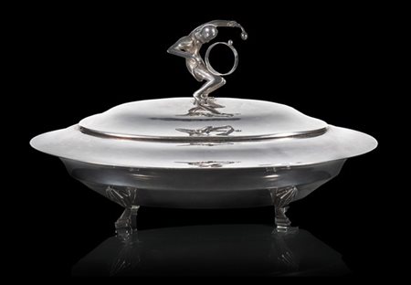 Scatola portagioie Art Déco in argento, titolo 800, con presa a foggia di suona