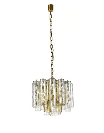 Manifattura di Murano Lampadario. Murano, anni '70. Pendenti cilindrici in vetro