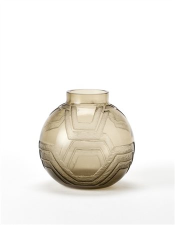 Schneider Piccolo vaso in vetro grigio trasparente parzialmente acidato con deco