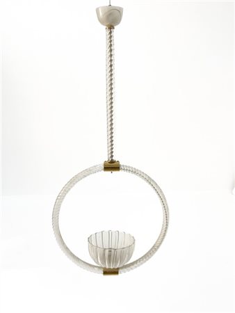 Seguso Lampada a sospensione in vetro cristallo soffiato a torciglione e ottone.