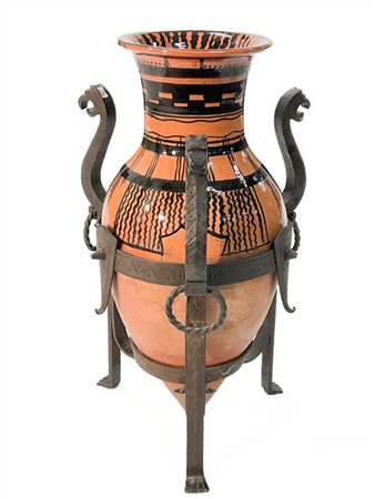 Anfora portaombrelli in terracotta parzialmente smaltata e decorata a motivi ge