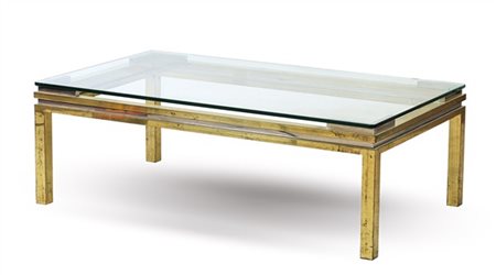 Tavolino da salotto in metallo cromato e ottonato con fascia scanalata, piano i