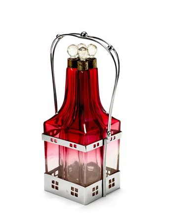 Set da Cherry in metallo argentato e cristallo rosso molato, Austria, inizio se