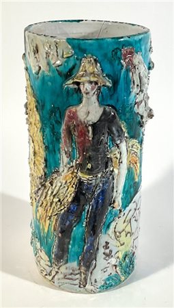 Portaombrelli in ceramica modellata a rilievo e deorata in policromia sottovetr