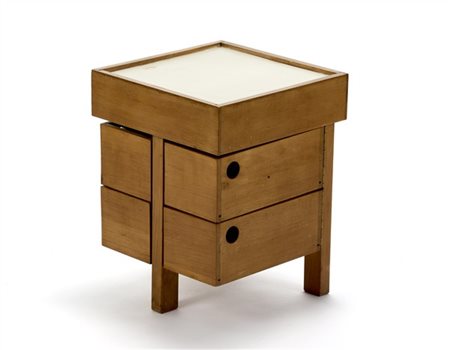 Tavolino contenitore in legno massello con quattro cassettini apribili a libro