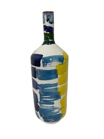 Vaso in ceramica smaltata bianca a pennellature verdi, blu, azzurre, gialle, ro