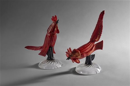 Barovier Seguso Ferro Due galli in pasta vitrea rossa, nera e vetro cristallo co