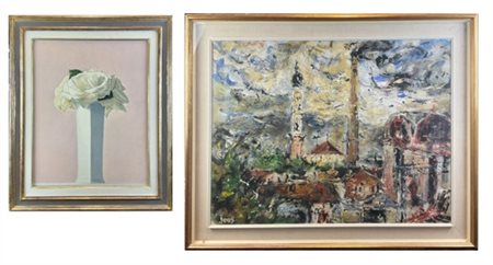 Lotto composto da un olio su compensato di Giorgio Oppi raffigurante vaso di fi