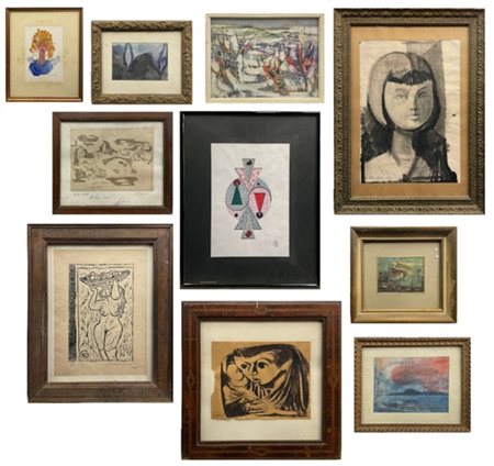 Lotto composto da sette tecniche miste su carta, due grafiche e un olio su comp