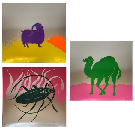 Gino Marotta "Muflone - Dromedario - Scarabeo" 1974
tre serigrafie su cartoncino