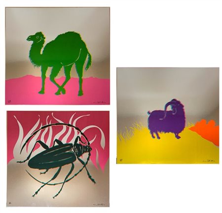 Gino Marotta "Muflone - Dromedario - Scarabeo" 1974
tre serigrafie su cartoncino
