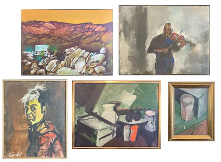 Lotto composto da cinque oli su tela di autori, soggetti e misure diverse (misu