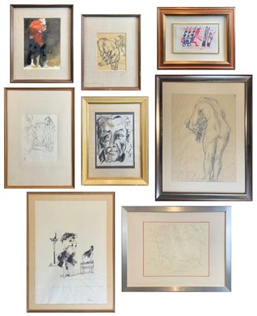 Lotto composto da otto tecniche miste su carta di soggetti, autori e misure div