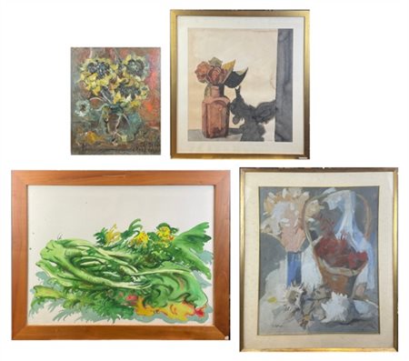 Lotto composto da quattro tecniche miste su supporti diversi raffiguranti natur